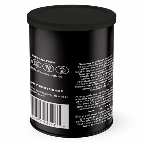 Black coffee can with preparation instructions and text