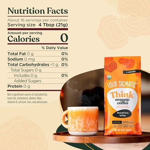 Four Sigmatic Think organic coffee nutrition facts with a cup of coffee.