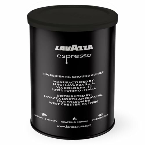 Lavazza espresso ground coffee can with product details.