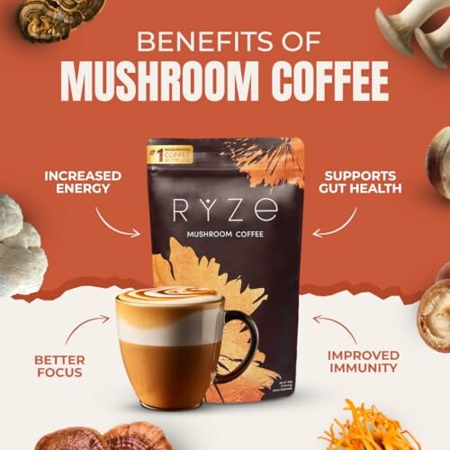 Mushroom coffee benefits: increased energy, supports gut health, better focus, improved immunity.