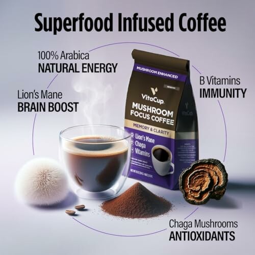 Superfood infused coffee with benefits: natural energy, brain boost, immunity, antioxidants.