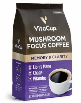 VitaCup Mushroom Focus Coffee package with a cup of coffee.